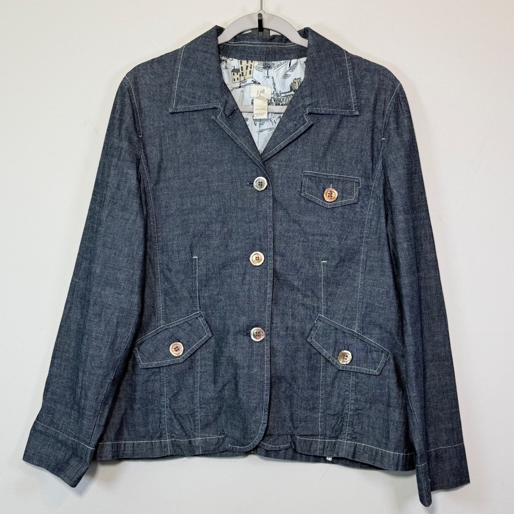 J. Jill Denim Blazer Women Medium Blue Toile Lined Cotton Preppy Casual Chic